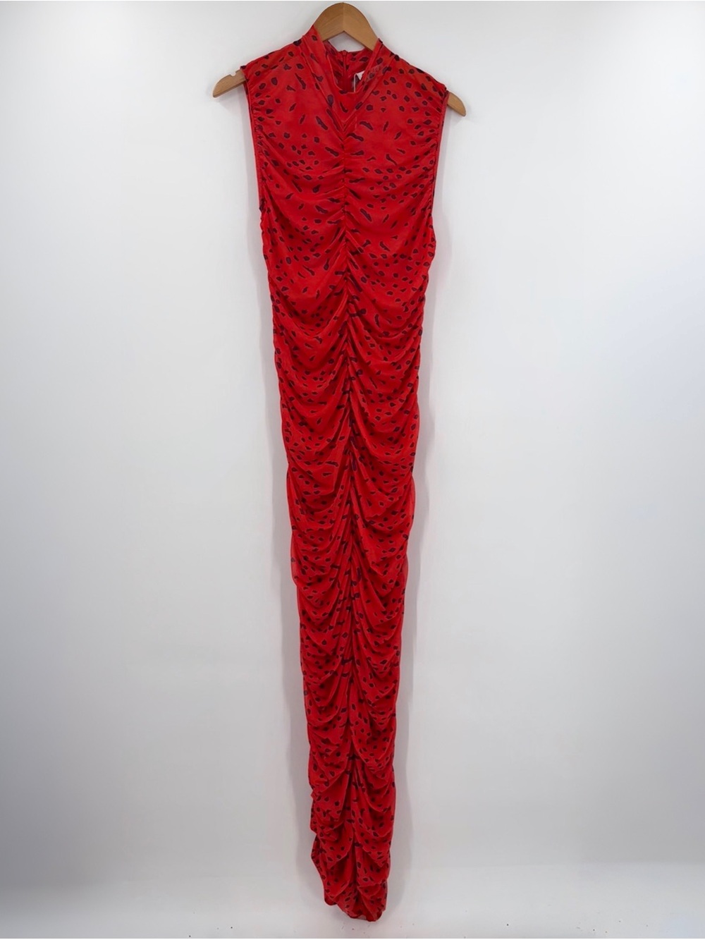 OFUURE Red Ruched Maxi Dress with Black Polka Dot Print
